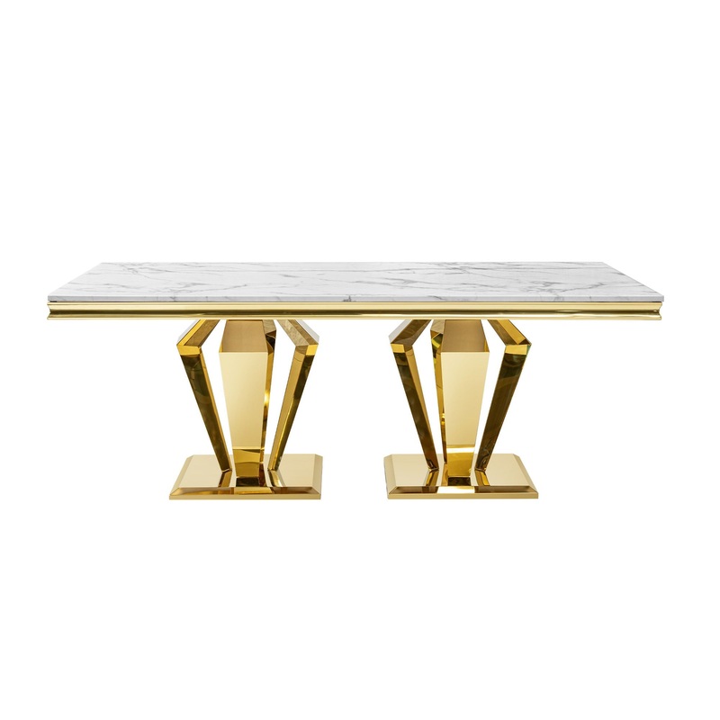 79.53 In. Elegant Marble Pattern Dining Table For 6 Or 8 Seats Polished Stainless Steel Base – Gold