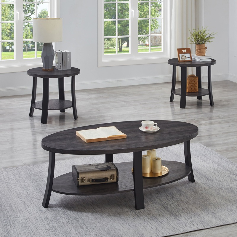 Anze – 3 Piece Coffee Table Set Contemporary Oval Wood Shelf – Charcoal