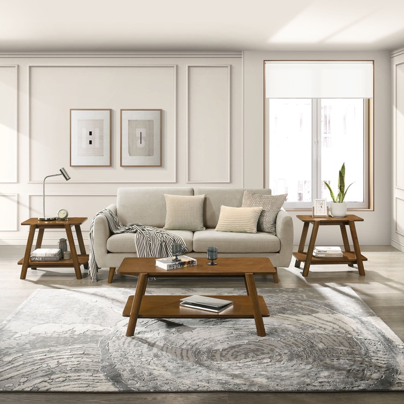 Metz – Mid-Century Modern Wood Shelf 3 Piece Coffee Table Set – Walnut