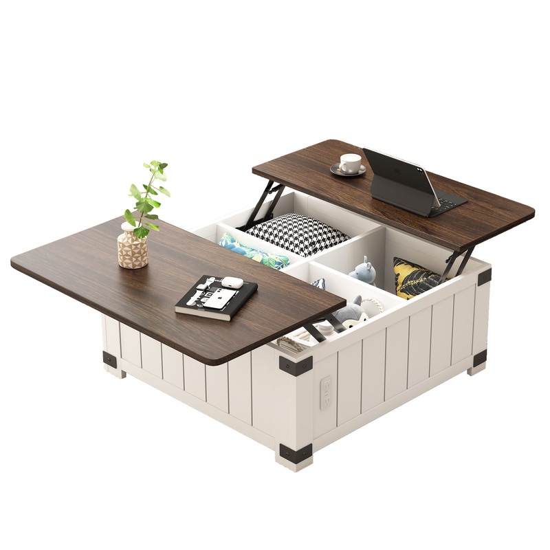 Farmhouse Style Lift Top Coffee Table With Storage And Charging Station – White Wood