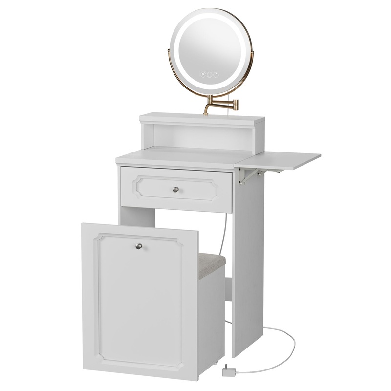 Makeup Vanity Desk With Round Mirror And Lights, 2 In 1 Nightstand, Dressing Table With A Chair – Antique White