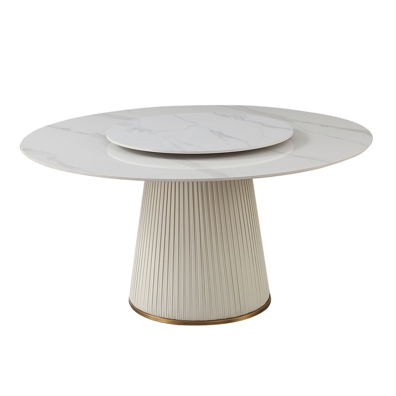 Modern Sintered Stone Dining Table With Round Turntable, Wood And Metal Pedestal, 8 Chairs – White