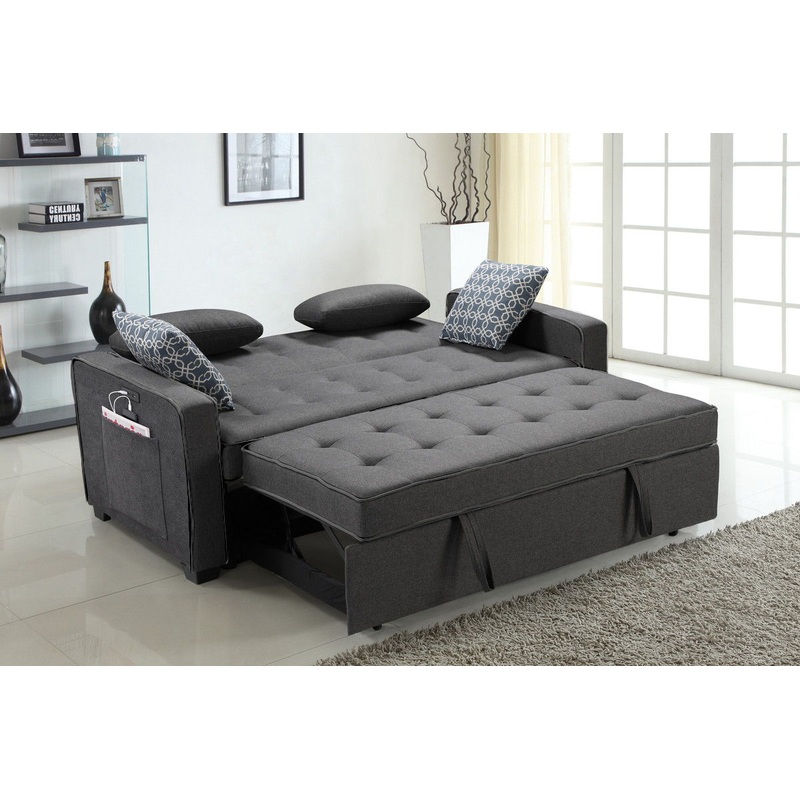 William – Modern Fabric Sleeper Sofa With 2 USB Charging Ports And 4 Accent Pillows – Gray