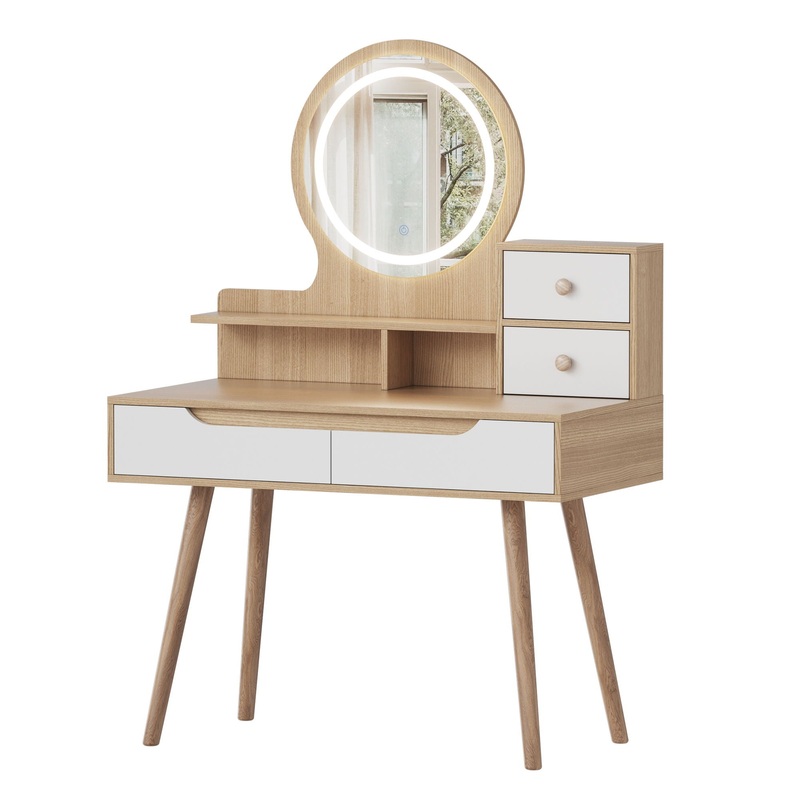 Elegant Makeup Vanity Desk With Adjustable Lighted Mirror Table Feet – American White Oak