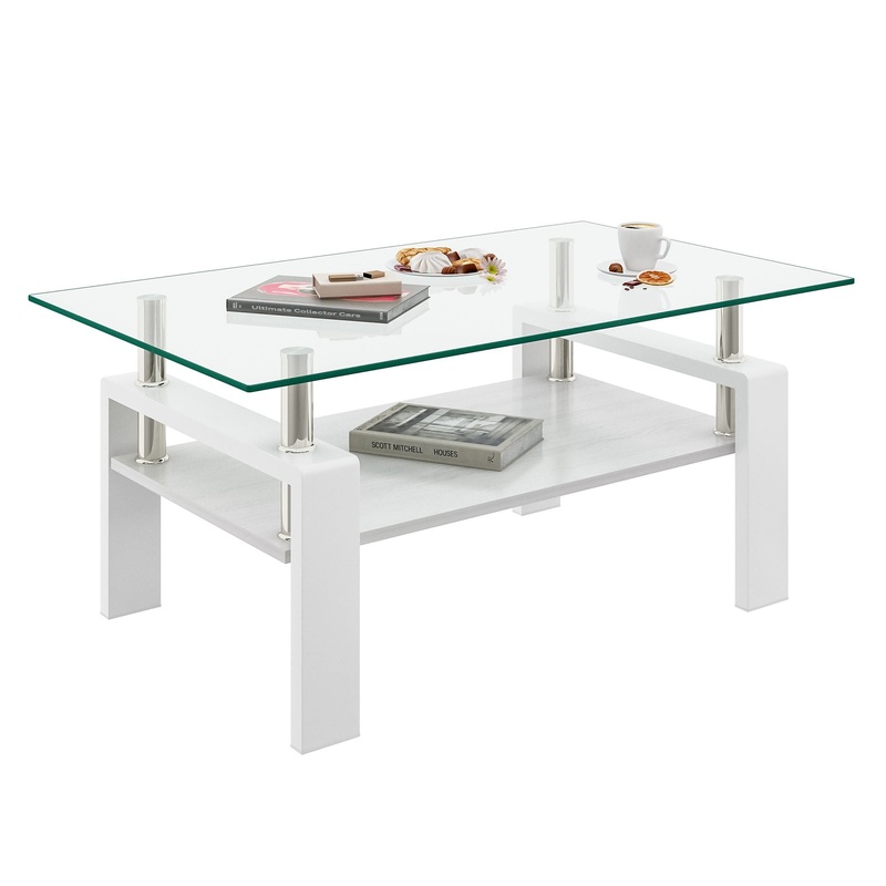 Modern Rectangular Coffee Table With Tempered Transparent Glass Top And Storage Shelf