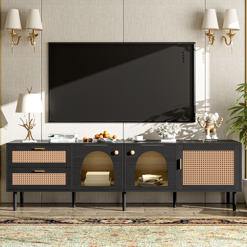 Rattan TV Stand With 3 Cabinets & 2 Drawers, Rattan-Inspired Media Console Table For Tvs Up To 80”, LED Light Entertainment Center, TV Cabinet For Living Room – Black