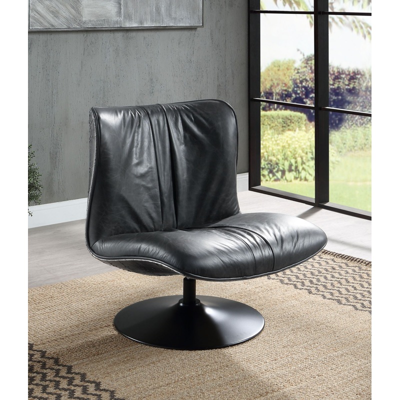 Piotr – Top Grain Leather Accent Chair With Swivel – Black