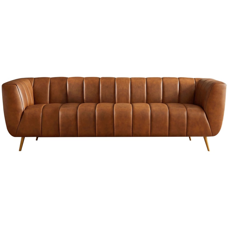 Ava – Genuine Italian Leather Channel Tufted Sofa – Gold / Tan