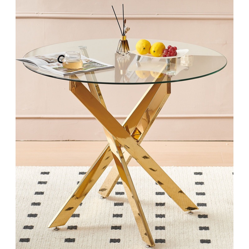 Dining Table With Cross Metal Leg And Tempered Glass, Modern Space Saving Kitchen Table For Living Room