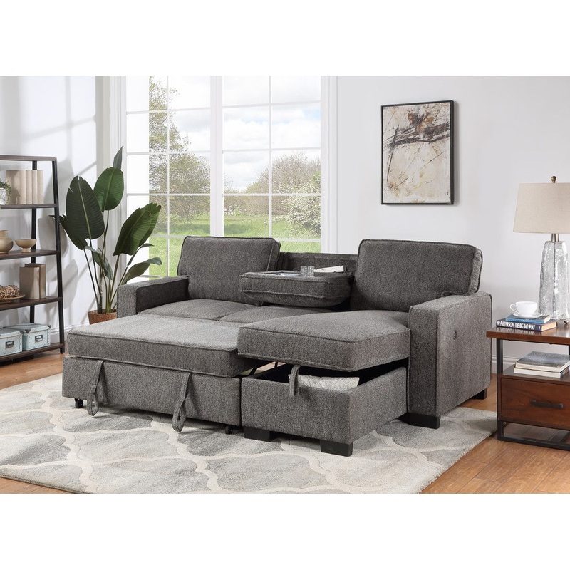 Estelle – Fabric Reversible Sleeper Sectional With Storage Chaise Drop-Down Table 2 Cup Holders And 2 USB Ports