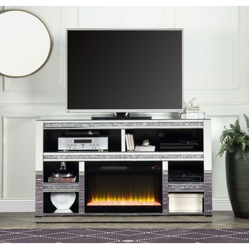Noralie – 35 TV Stand With Fireplace – Mirrored & Faux Diamonds