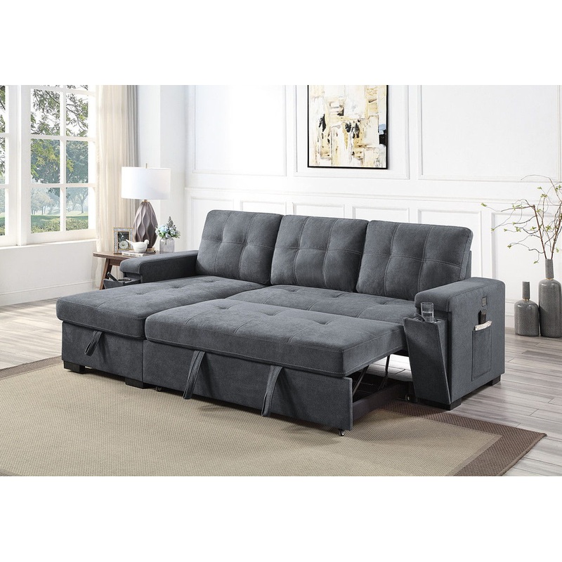 Toby – Woven Fabric Reversible Sleeper Sectional Sofa With Storage Chaise Cup Holder Charging Ports And Pockets