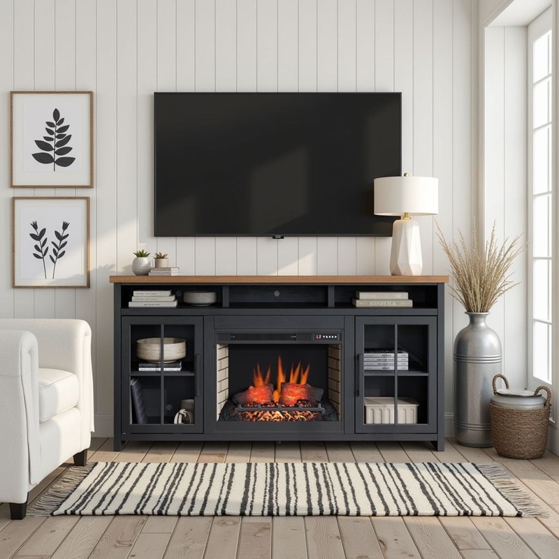 Essex – Fireplace TV Stand Console For TVs Up To 85 – Black, Whiskey