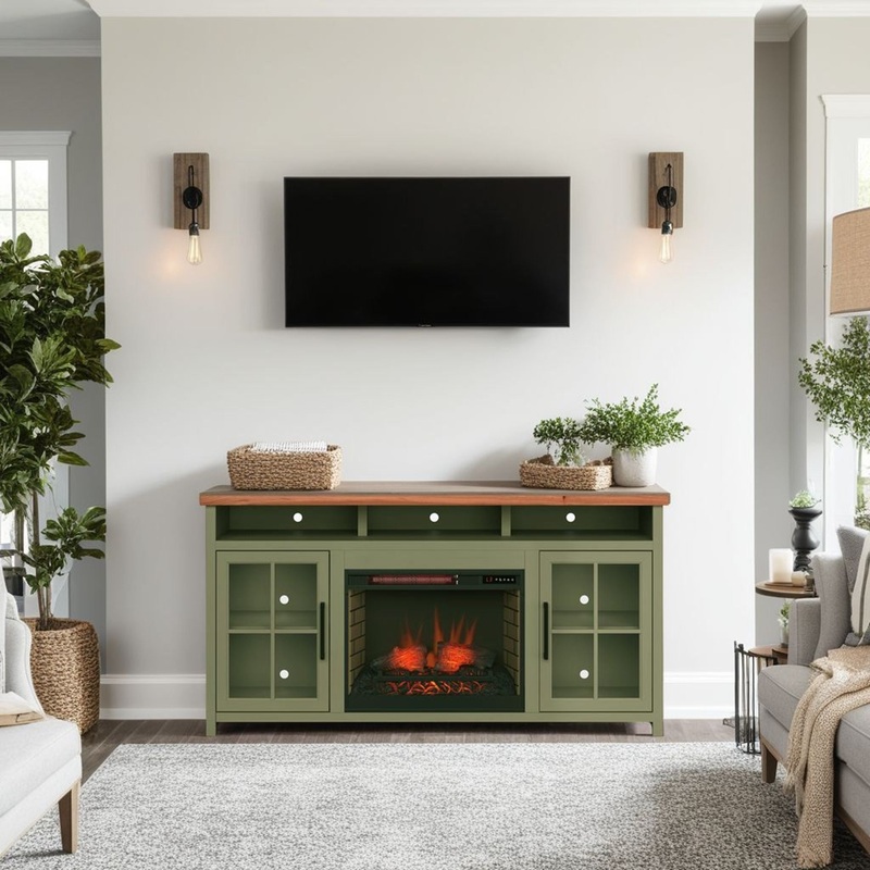 Vineyard – 74 Fireplace TV Stand Console For TVs Up To 85 – Sage Green And Fruitwood