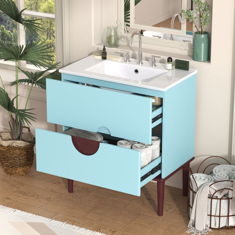 Bathroom Vanity Cabinet With Ceramic Sink Combo Set, Frame Modern Bathroom Storage Cabinet With 2 Drawers – Blue