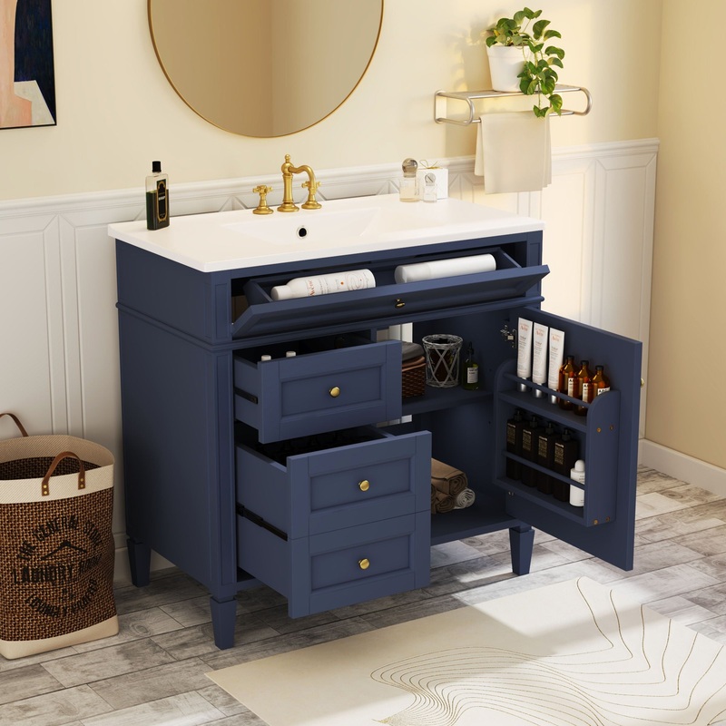 Bathroom Vanity With Top Sink, Modern Bathroom Storage Cabinet, 2 Drawers And A Tip-Out Drawer, Single Sink Bathroom Vanity – Blue