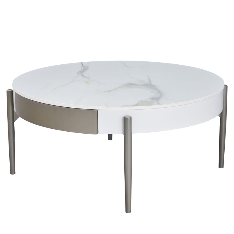 Modern Round Coffee Table With Storage Drawers Handcrafted Ceramic Inlay Tabletop 2 Tone Wood Legs Scandinavian Living Room Center Table – White / Gray