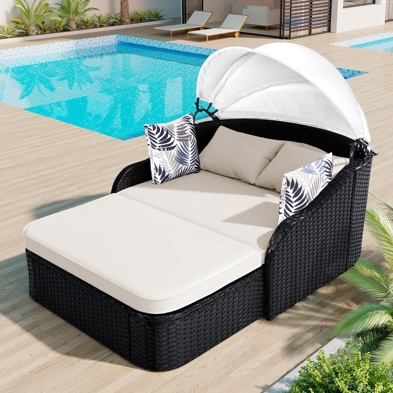 Outdoor Sunbed With Adjustable Canopy, Double Lounge, Daybed – Black / Beige