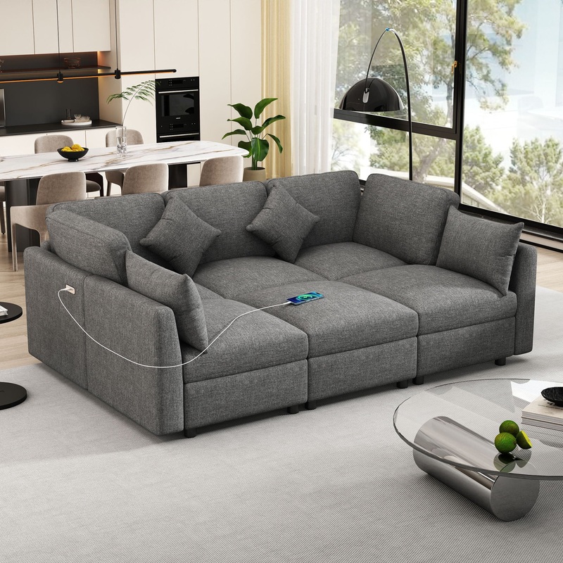 Sectional Sofa Modular Sofa U – Shaped Sofa Couch Sofa Bed L – Shaped Sofa With A Movable Ottoman And Two USB Ports For Living Room