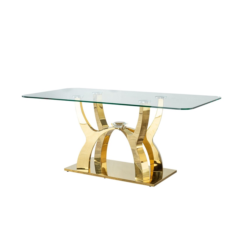 Tempered Clear Glass Rectangular Dining Table With Stainless Steel Base – Gold