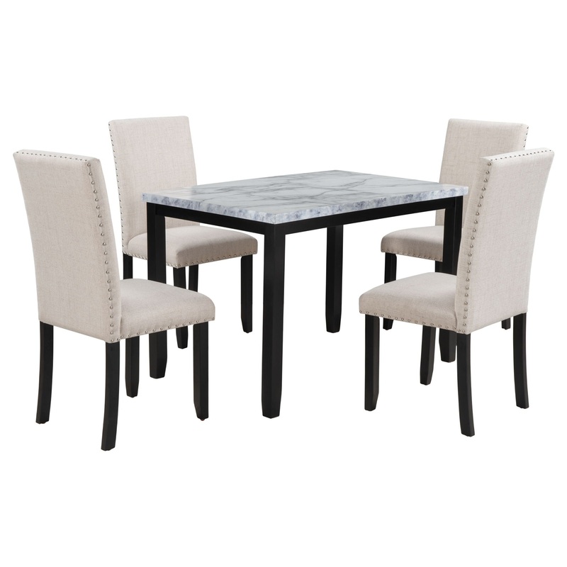 5 Piece Dining Set Table With 4 Thicken Cushion Dining Chairs – White / Beige / Black