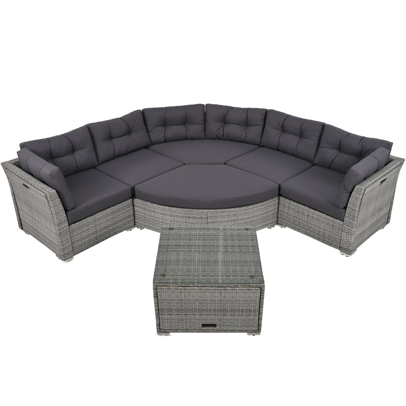 Elegant Patio Furniture Set Outdoor Daybed Rattan Sectional With Cushions And Center Table – Gray
