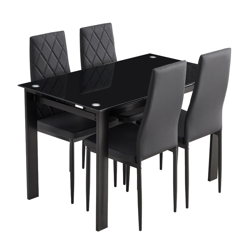 Modern 5 Piece Dining Table Set With Glass Top And Chairs – Black