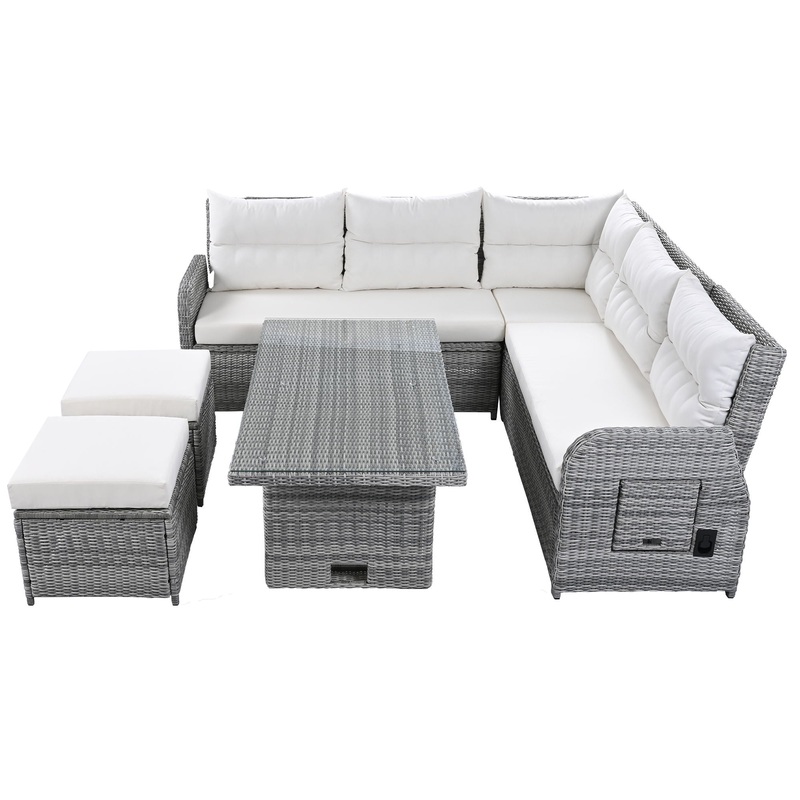 Outdoor Furniture Set Patio Rattan Furniture Set With Adjustable Table, Recliners With Extendable Side Tables And 2 Ottomans