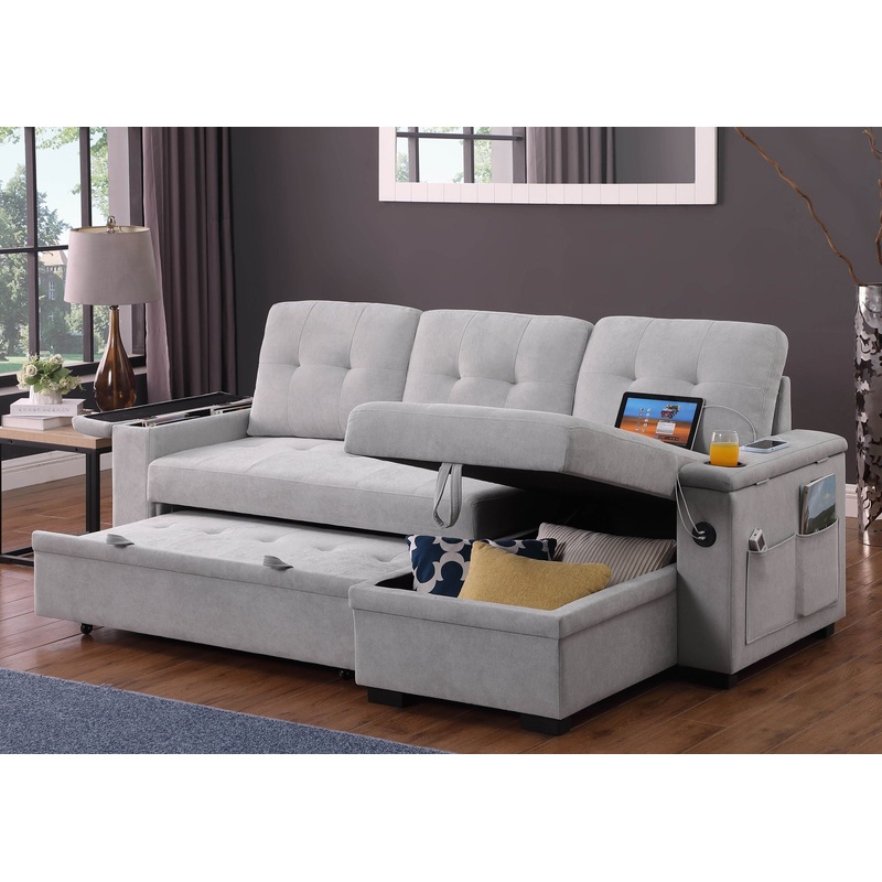 Ashlyn II – 84W Woven Fabric Reversible Sleeper Sectional Sofa with Storage Chaise