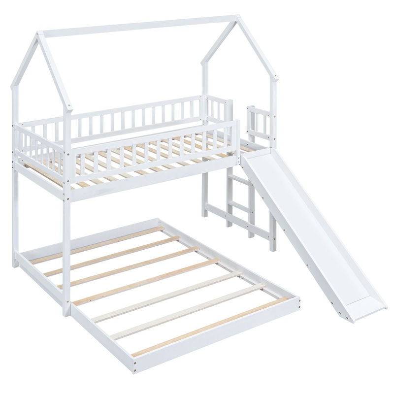 Hearth & Haven – Twin Over Full House Bunk Bed With Slide, Built In Ladder And Full Length Guardrail – White