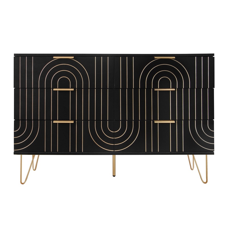 Modern 6 Drawer Dresser, Modern Dresser With Metal Handles, Storage Chest Of Drawer, Wide Dresser Drawer Organizers With Carving Design For Bedroom, Living Room, Hallway – Black