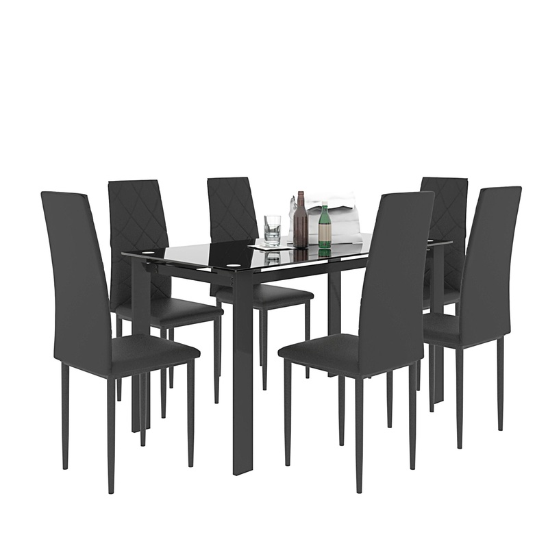 Modern 7 Piece Dining Table Set With Glass Top And Chairs – Black