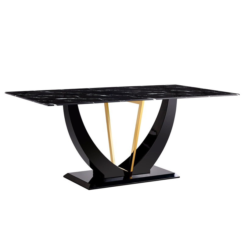 Modern Minimalist Luxurious Imitation Marble Dining Table Rectangular Office Desk With Tempered Glass – Black