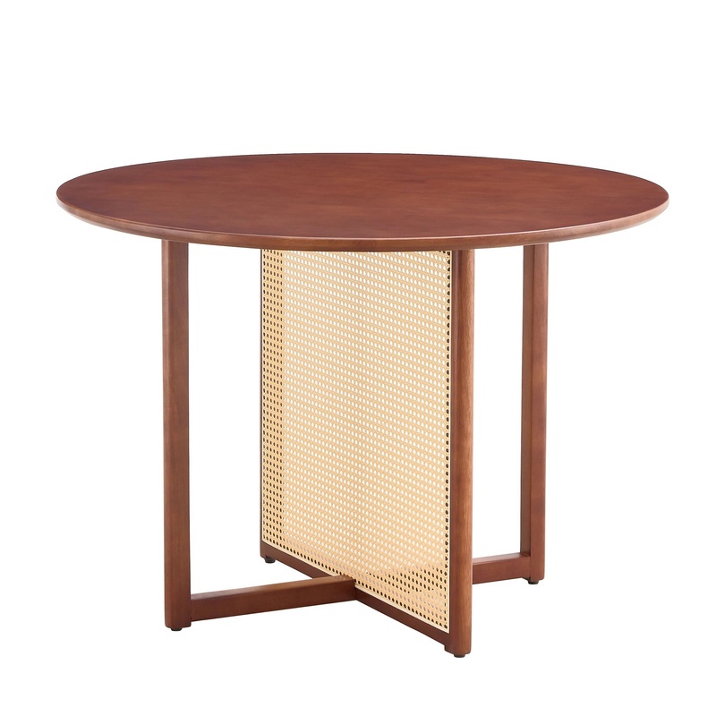Retro Round Table With Imitation Rattan Rubber Wood – Walnut