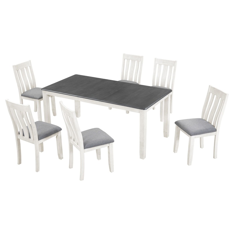 Retro Style 7 Piece Dining Table Set With Extendable Table And 6 Upholstered Chairs – Gray / White