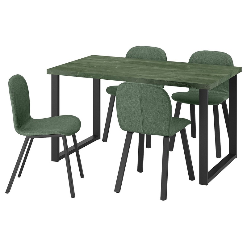 SKLSTA table and 4 chairs, dark grey-green marble effect U-shaped black-grey/Knbck grey-green profiled metal/black-grey, 140×52 cm