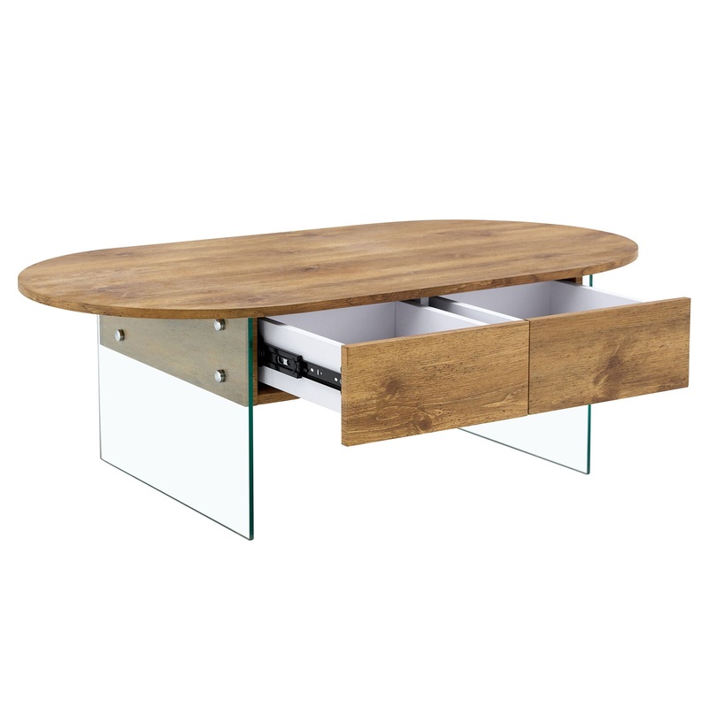 Elegant Coffee Table With Double Drawers And Transparent Glass Sides – Wood
