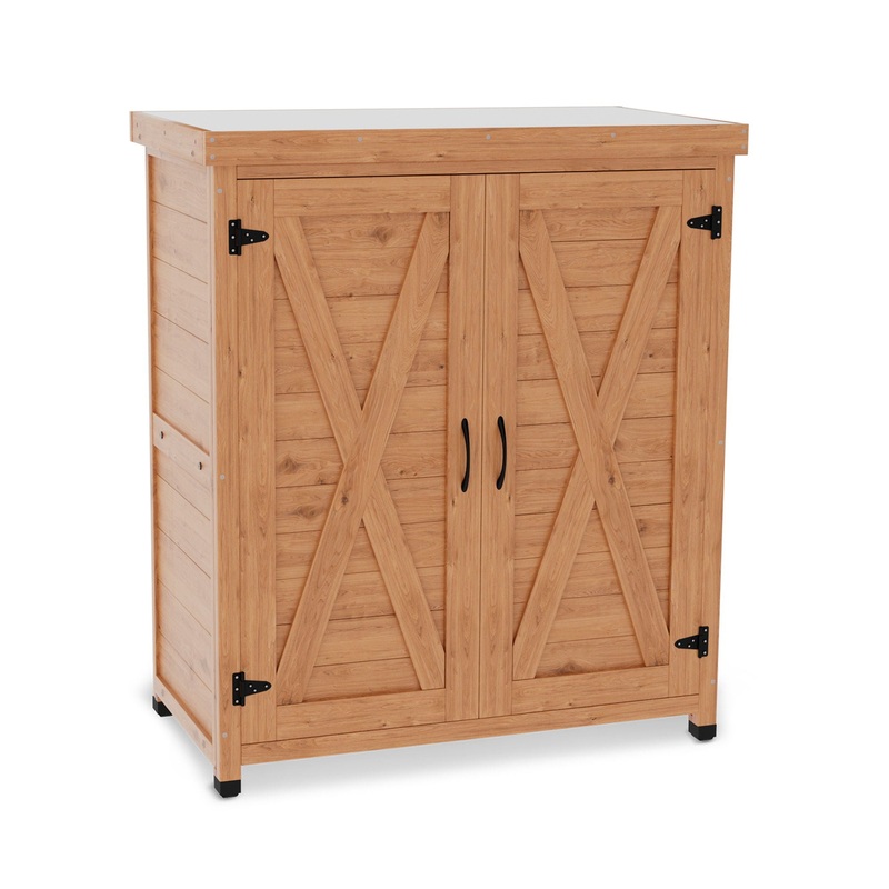 Rustic Cedar Potting Bench With Storage Cabinet And Metal Table Top For Outdoor Patio – Light Brown