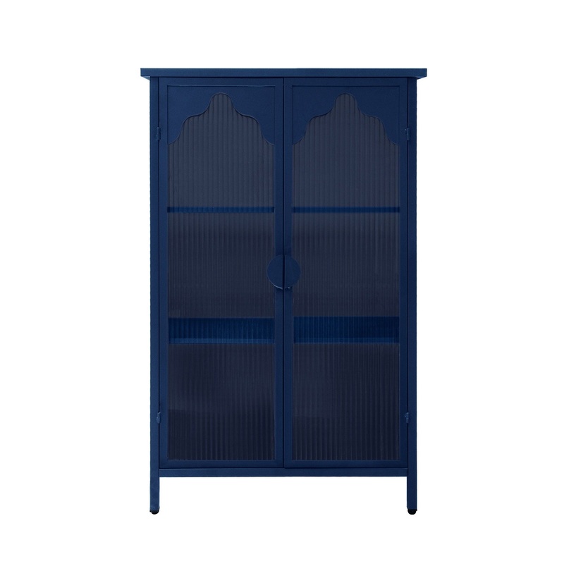 2 Doors Metal Storage Cabinet Display Cabinet With Glass Doors Metal Kitchen Sideboard Buffet Cabinet Glass Storage Cabinet For Dining Room Living Room Bedroom – Dark Blue