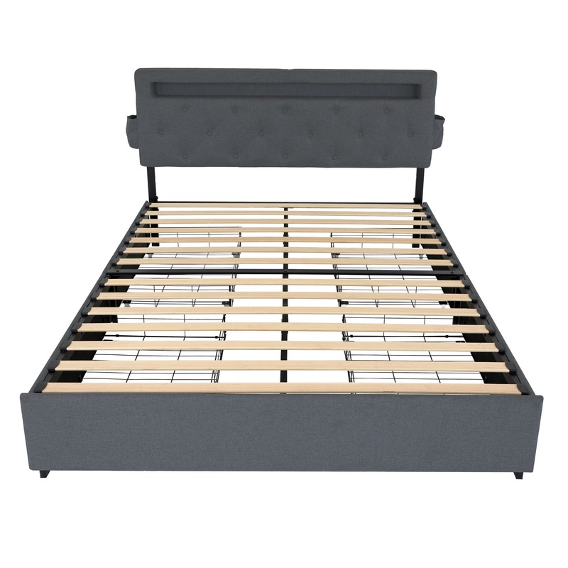 Bed With USB Charging Station, LED Lights, Headboard & Storage Drawers