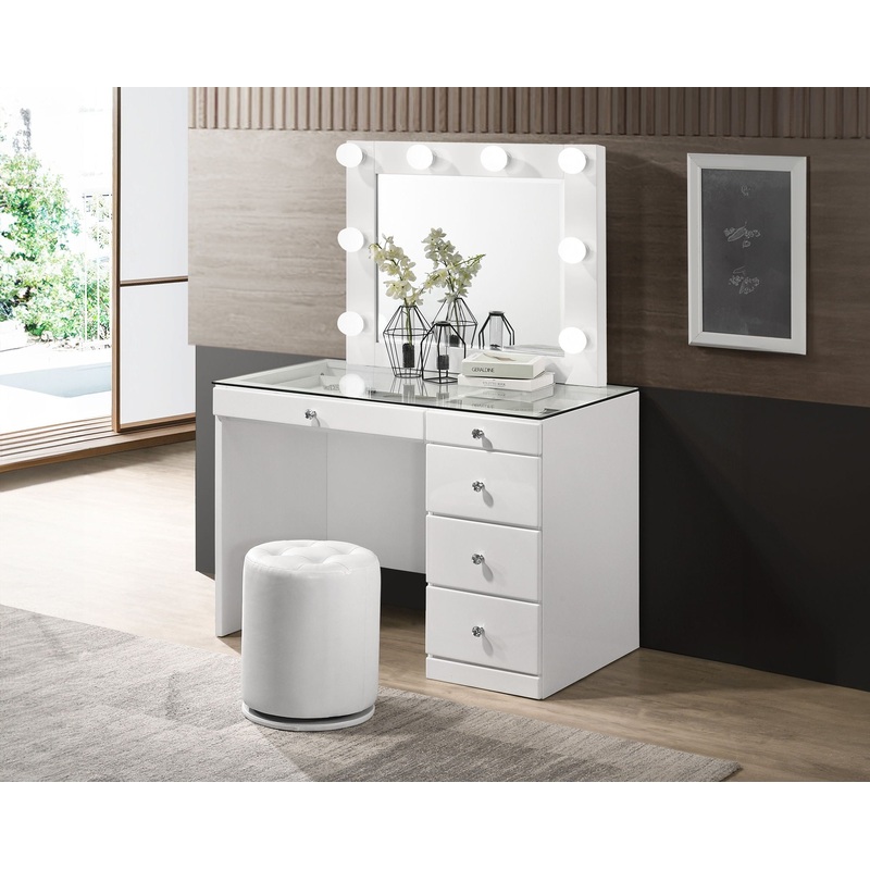 Morgan – Vanity Desk With Glass Top, LED Luxo Mirror & Stool – White