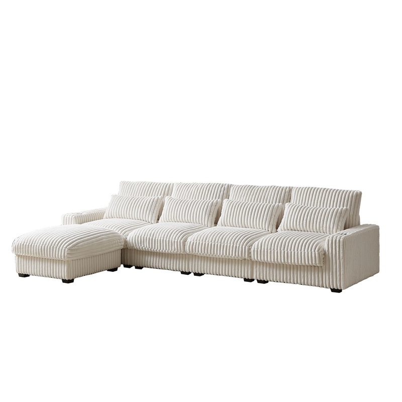 Corduroy With Cup Holder Super Large L Shaped Sofa, Movable Footrest, 4 Waist Pillows And 4 Back Cushion, With USB Port And Type – C Port – Beige