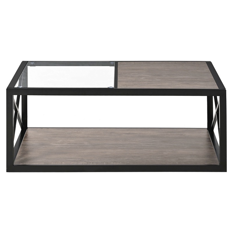 Industrial Style Coffee Table For Bedroom & Living Room With Tempered Glass & Wood Grain – Wood