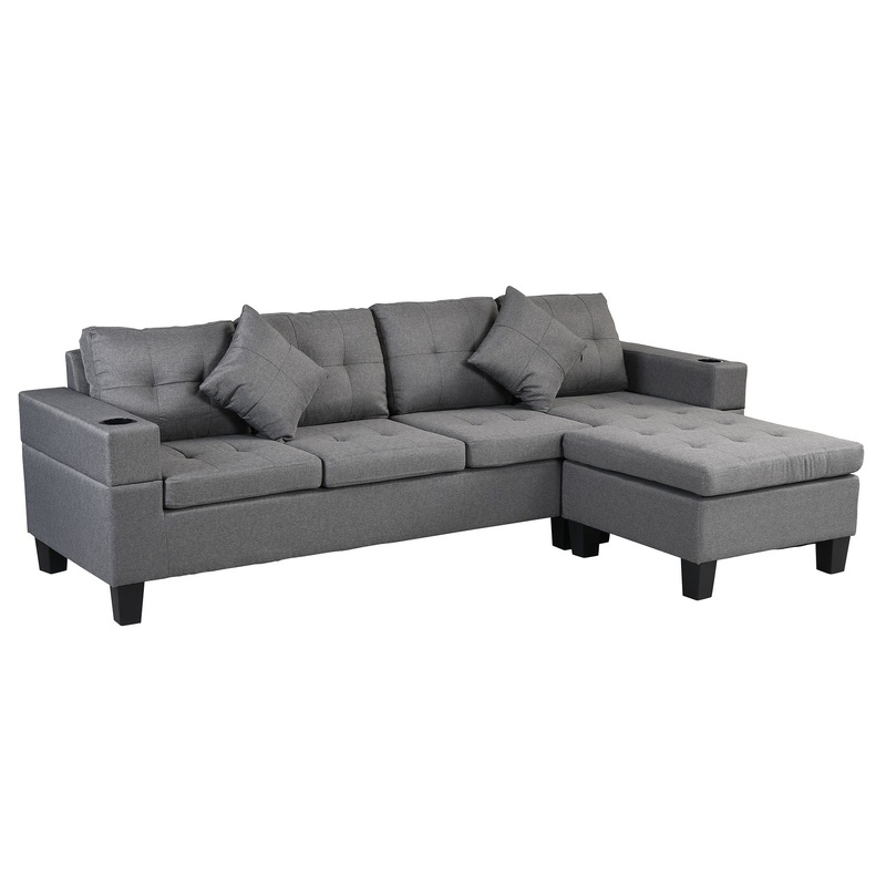 Modern Sectional Sofa Set With L Shape Chaise Lounge, Cup Holder, 4 Seat – Gray
