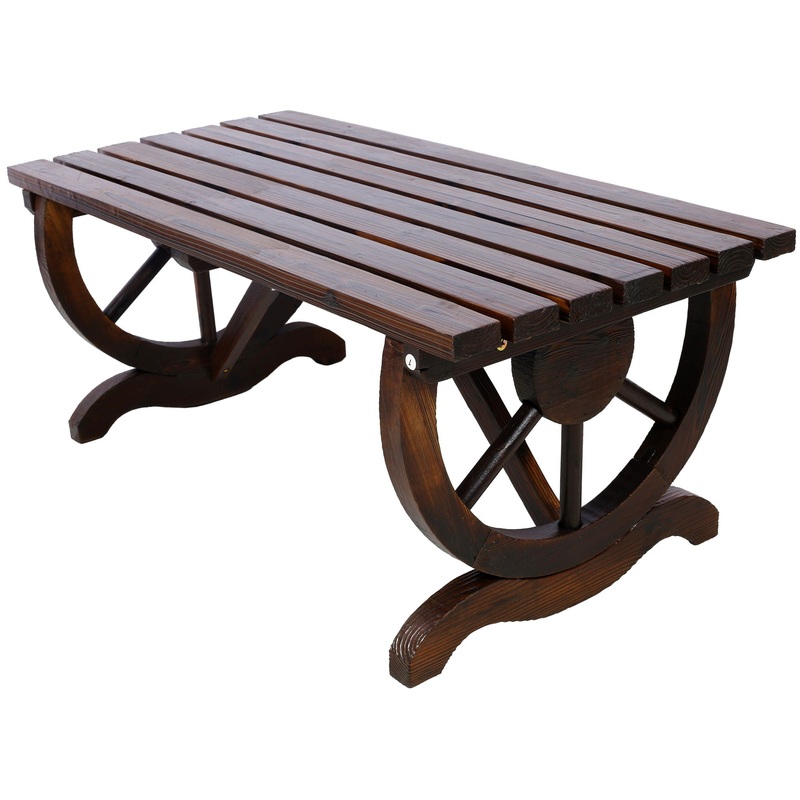 Rustic Wooden Bench With Wagon Wheel Legs For Garden And Patio – Brown