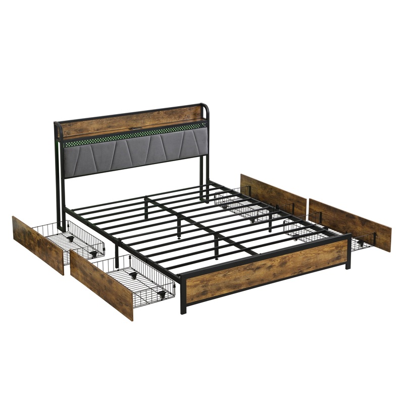 Contemporary Bed Frame With Storage Headboard, Charging Station, LED Lights