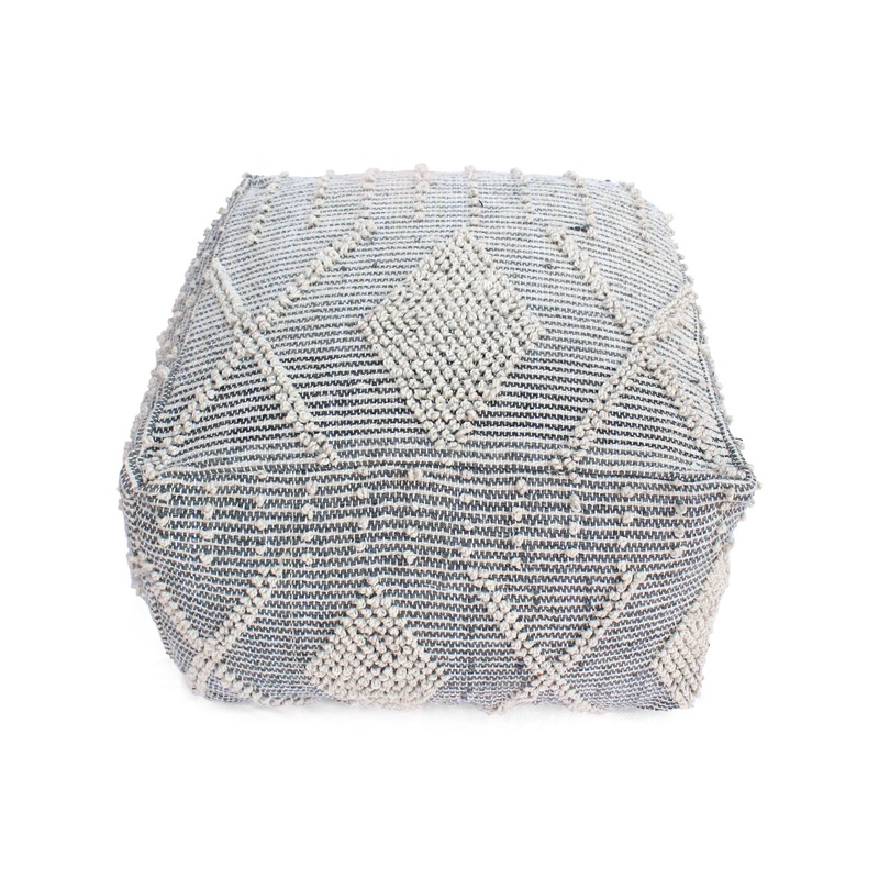Diamond – Handcrafted Faux Yarn Pouf – Ivory / Gray