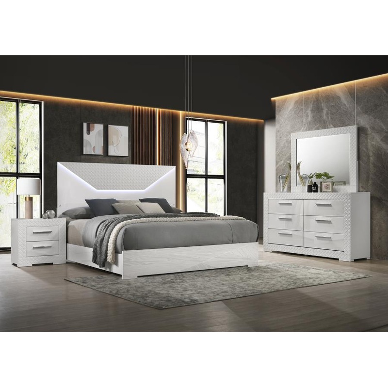 Ives – Bedroom Set|White|4 Pc. Bed, Dresser, Mirror, Nightstand|5 Pc. Bed, Dresser, Mirror, Chest, Nightstand|Queen|King