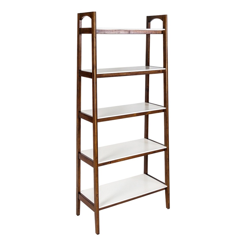 Mid – Century Design 5 Shelf Bookcase – Off White / Pecan