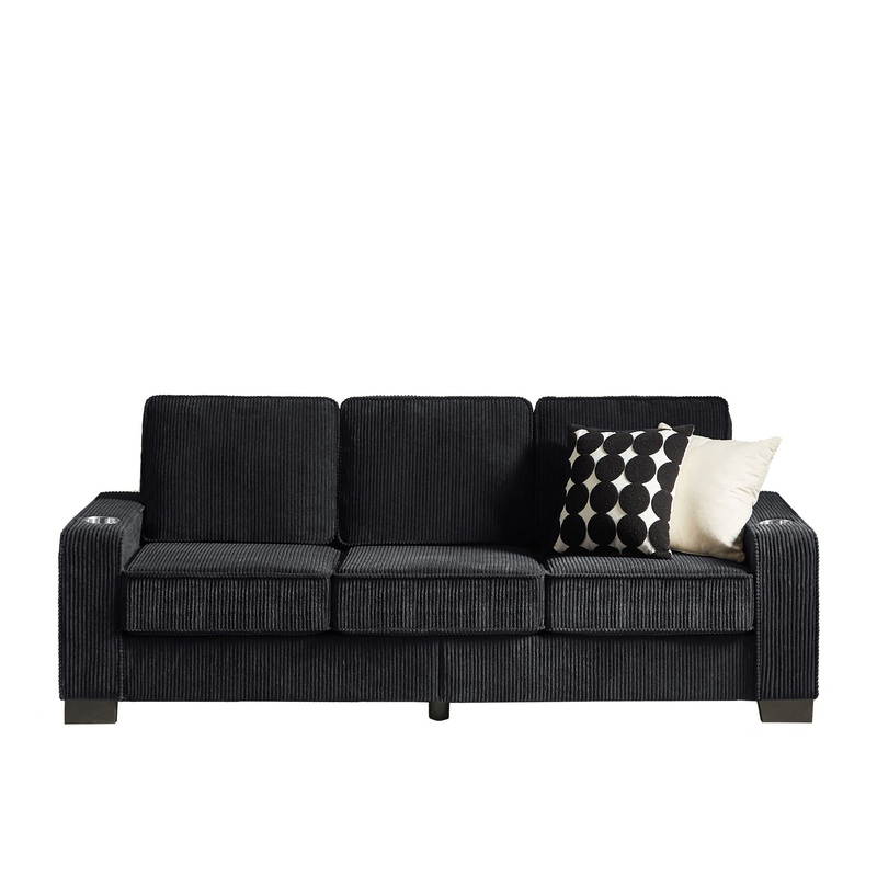 Modern Corduroy Fabric Sofa, 3 Seater Compressed Couch With Cup Holders